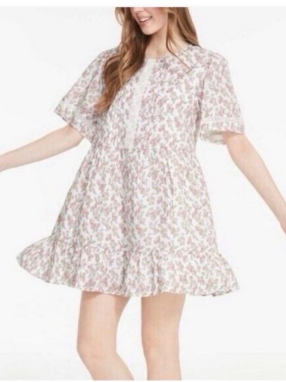 Jillian Harris Boho Light Floral Ruffle Hem Mini Dress - Pink Cream